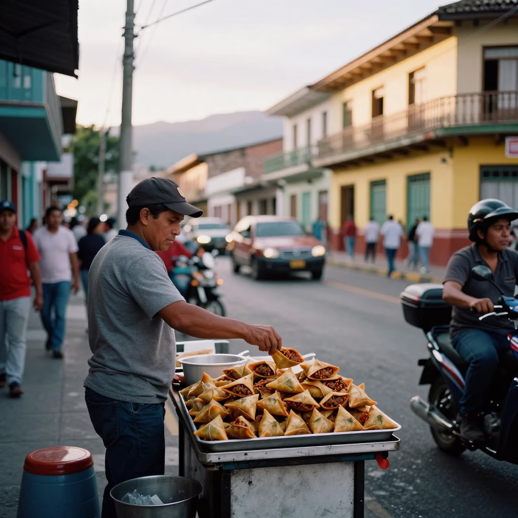 Busy Medellin Street Scene Late Afternoon with Food Vendor and Local Life in in Medellin, Colombia