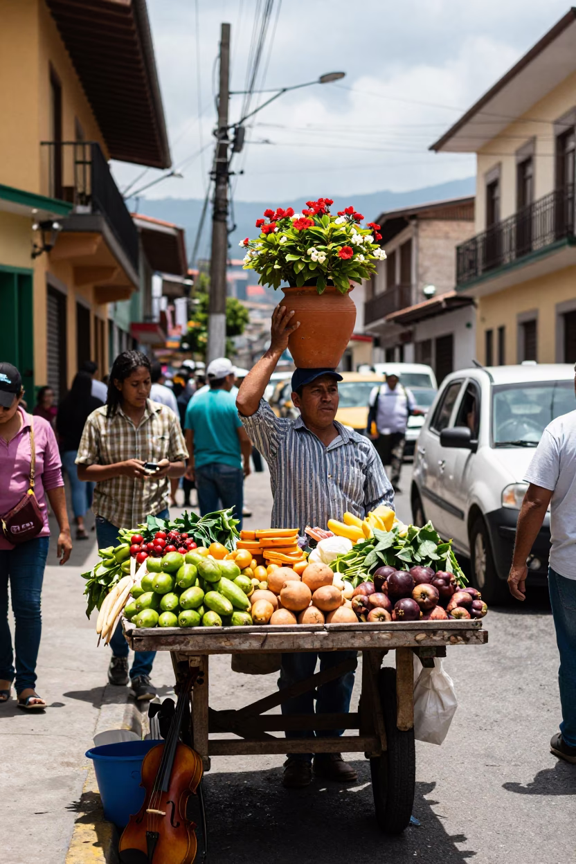 Busy Medellin Street Scene with Flowerpot and Violin at Midday in Colombia in in Medellin, Colombia