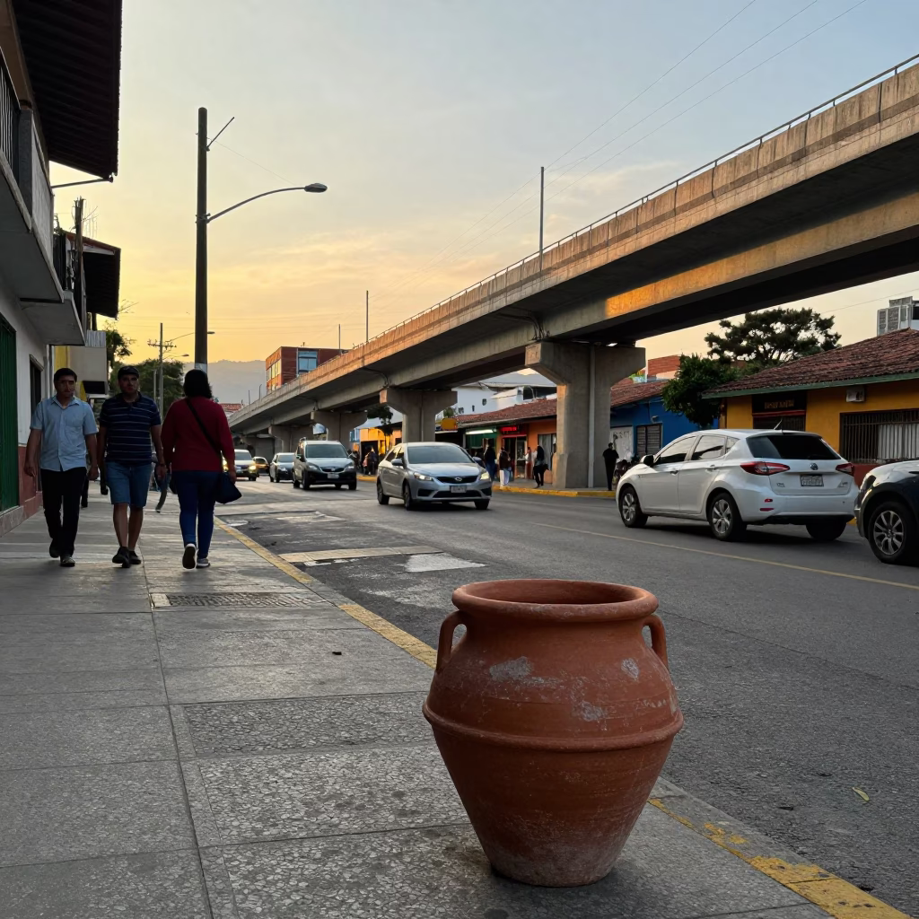 Busy Medellin Street Scene with Terracotta Pot and Overpass at Golden Hour in in Medellin, Colombia