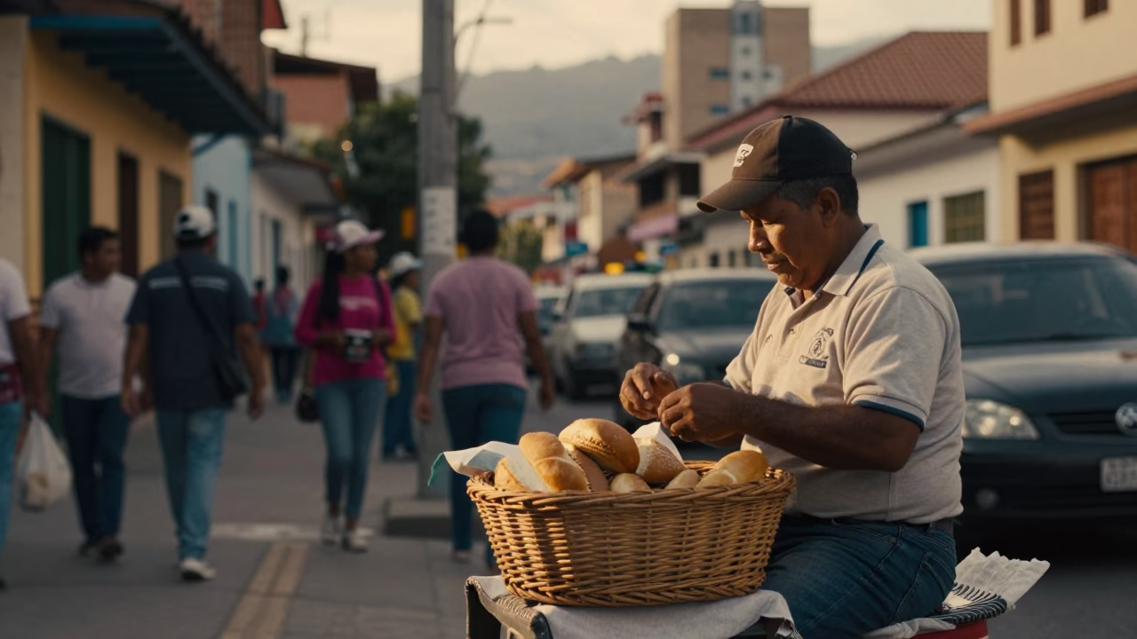 Busy Medellin Street Scene with Wicker Basket and Bread in Evening Light in in Medellin, Colombia