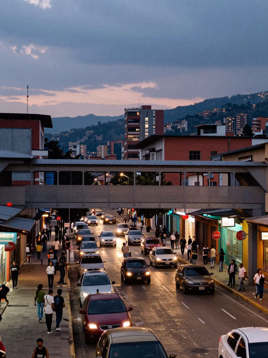 Busy Medellin Twilight Street Scene with Pedestrian Overpass and Wet Footsteps in in Medellin, Colombia