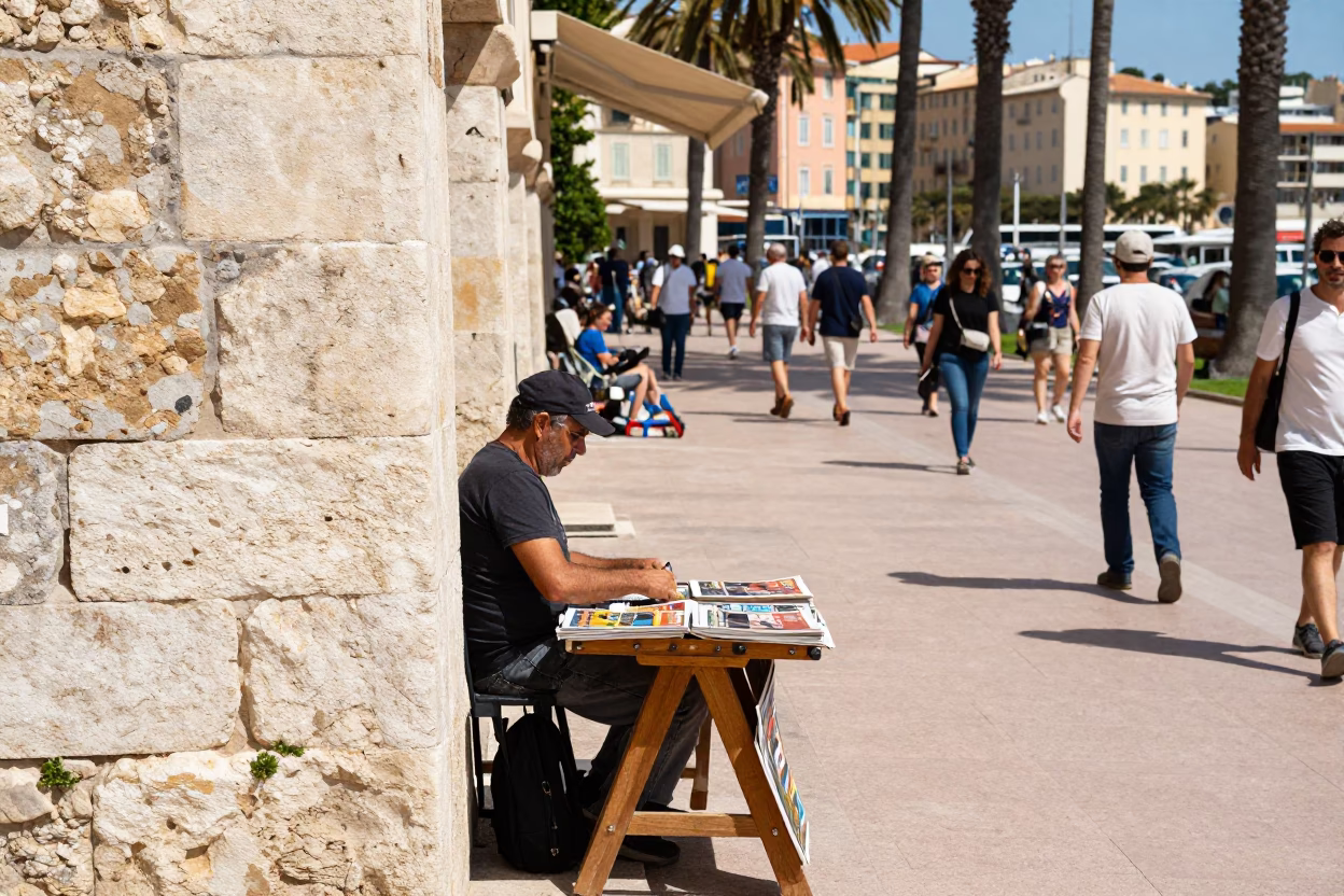 Busy Mediterranean Street Scene in Nice France Midday with Magazines and Coffee in in Nice, France
