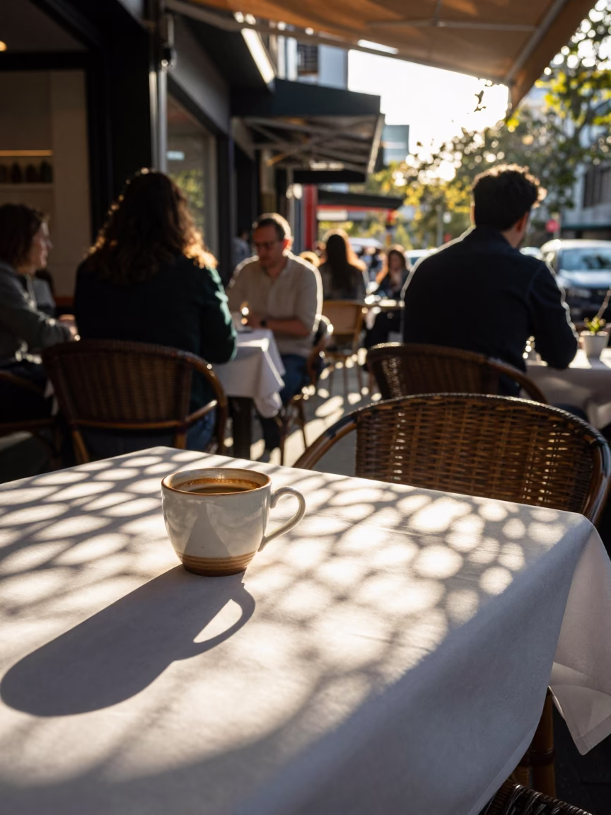 Busy Melbourne Cafe Terrace Morning Scene with Wicker Shadows and Coffee Cup in in Melbourne, Victoria, Australia
