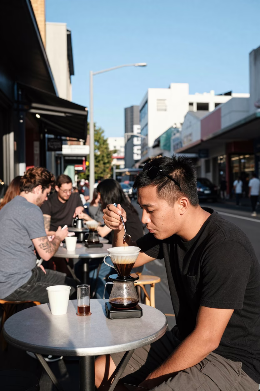 Busy Melbourne Laneway Cafe Scene with Coffee Cupper and Urban Details in in Melbourne, Victoria, Australia