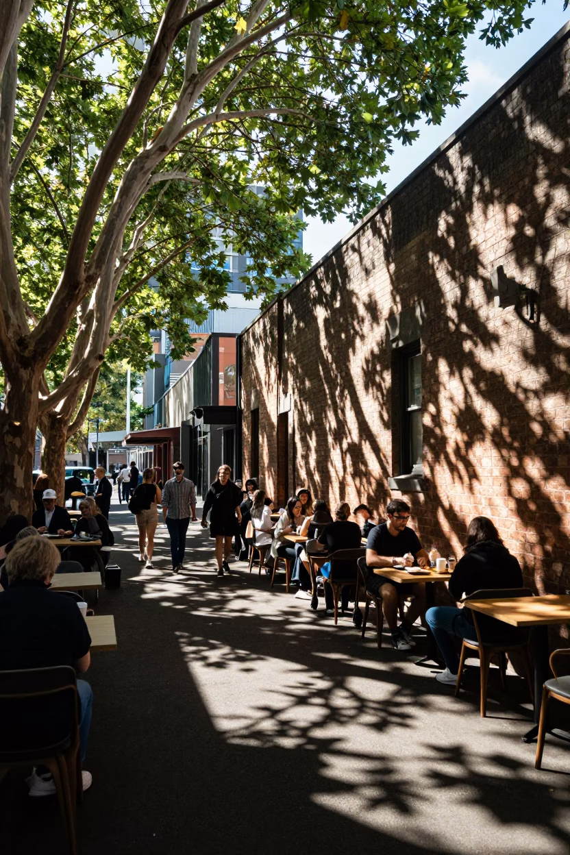 Busy Melbourne Laneway Cafe Scene with Leaf Shadows and Morning Coffee in in Melbourne, Victoria, Australia
