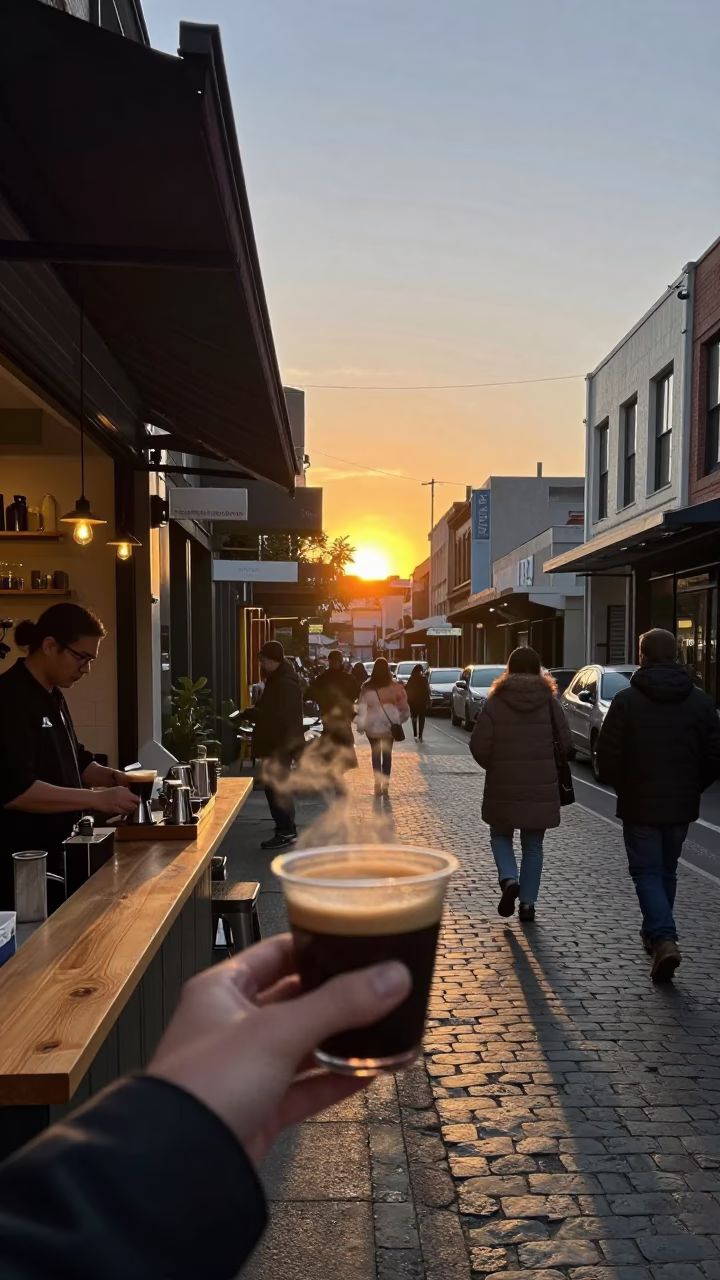 Busy Melbourne Laneway Coffee Shop with Espresso Cup and Hydrangeas at Sunset in in Melbourne, Victoria, Australia