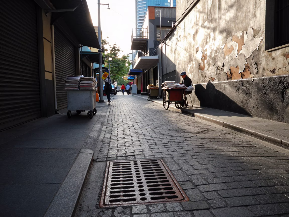 Busy Melbourne Laneway Morning with Magazines and Rusty Drain Details in First Light in in Melbourne, Victoria, Australia