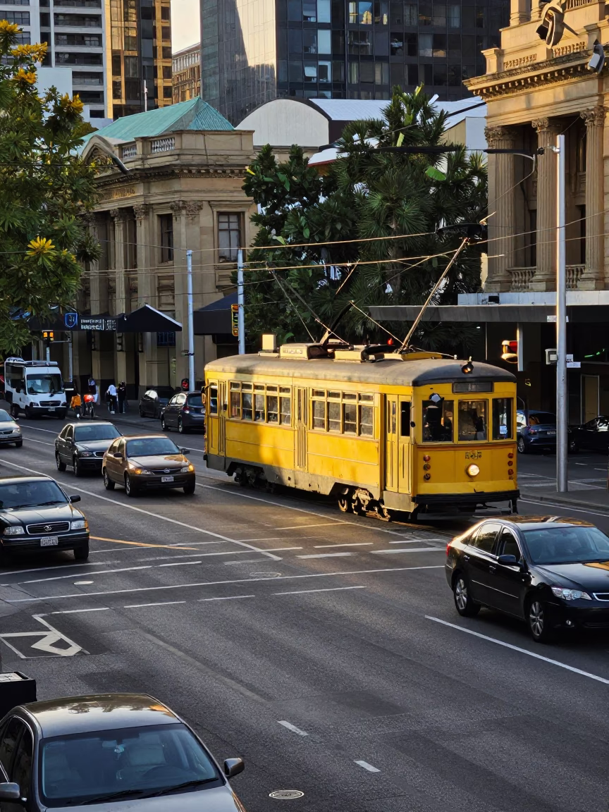 Busy Melbourne Late Afternoon Street Scene with Vintage Cars and Tram Tracks in in Melbourne, Victoria, Australia