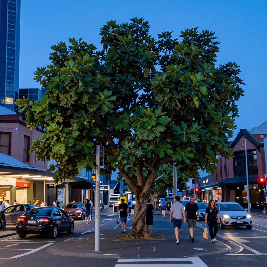 Busy Melbourne Street Corner at Blue Hour with Fig Tree and Garden Gate in in Melbourne, Victoria, Australia