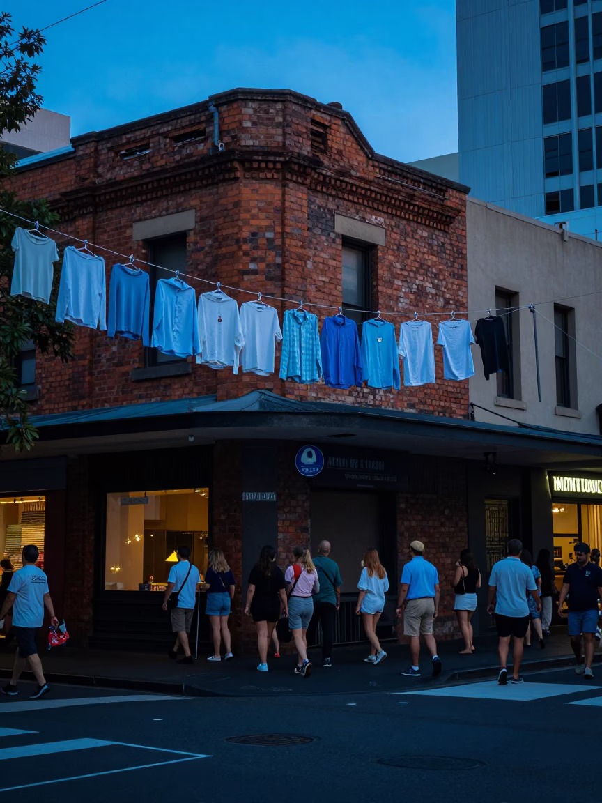 Busy Melbourne Street Corner at Dusk with Shirt Hangers and Urban Life in in Melbourne, Victoria, Australia