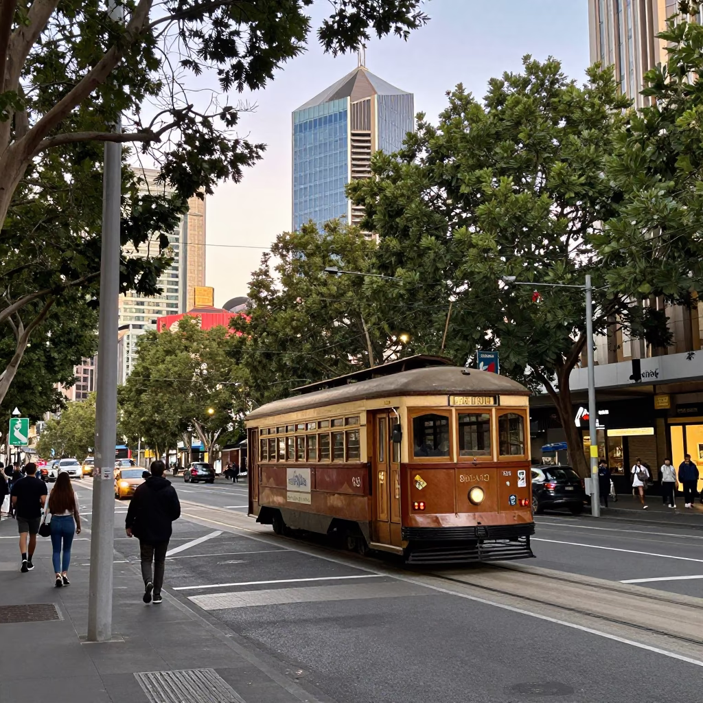 Busy Melbourne Street Corner at Early Evening with Old Trolley and Urban Activity in in Melbourne, Victoria, Australia