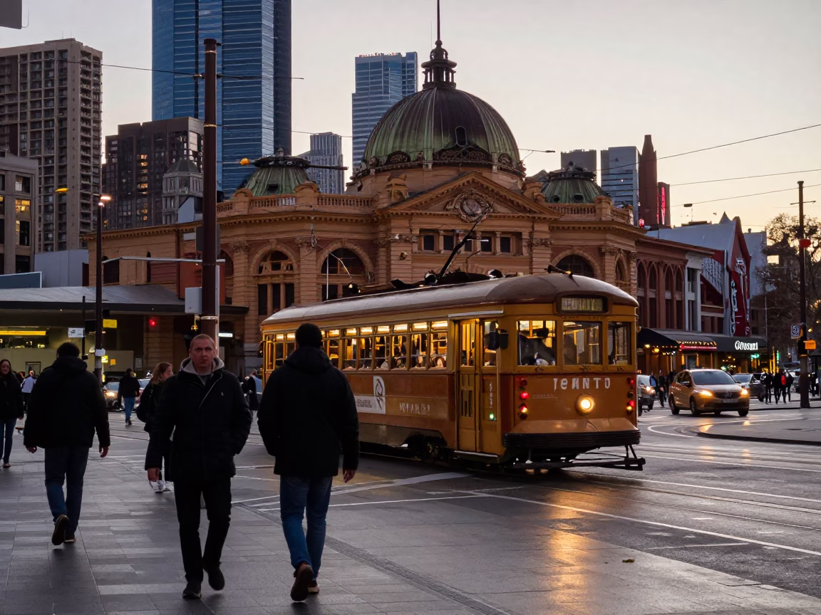 Busy Melbourne Street Corner at Nautical Dawn with Tram and Pedestrians in in Melbourne, Victoria, Australia