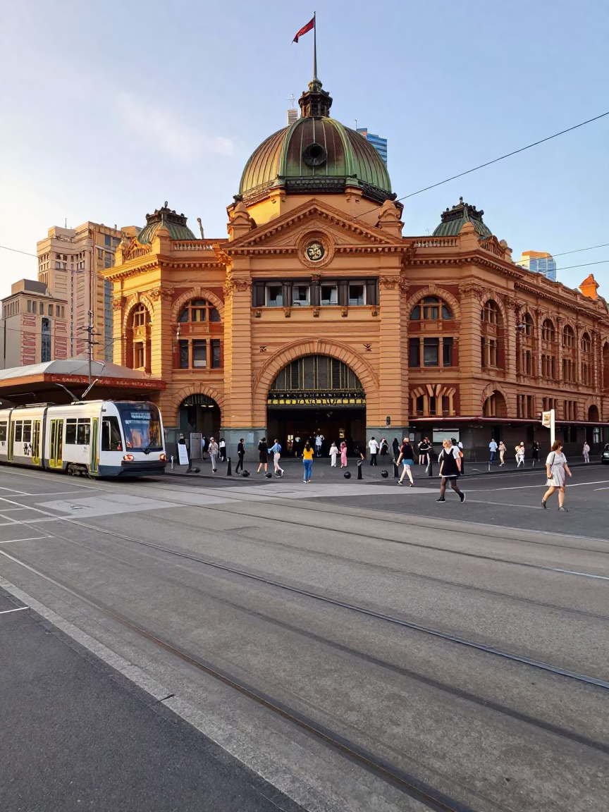 Busy Melbourne Street Corner Early Morning with Tram Tracks and Pedestrians in 1960s Style in in Melbourne, Victoria, Australia