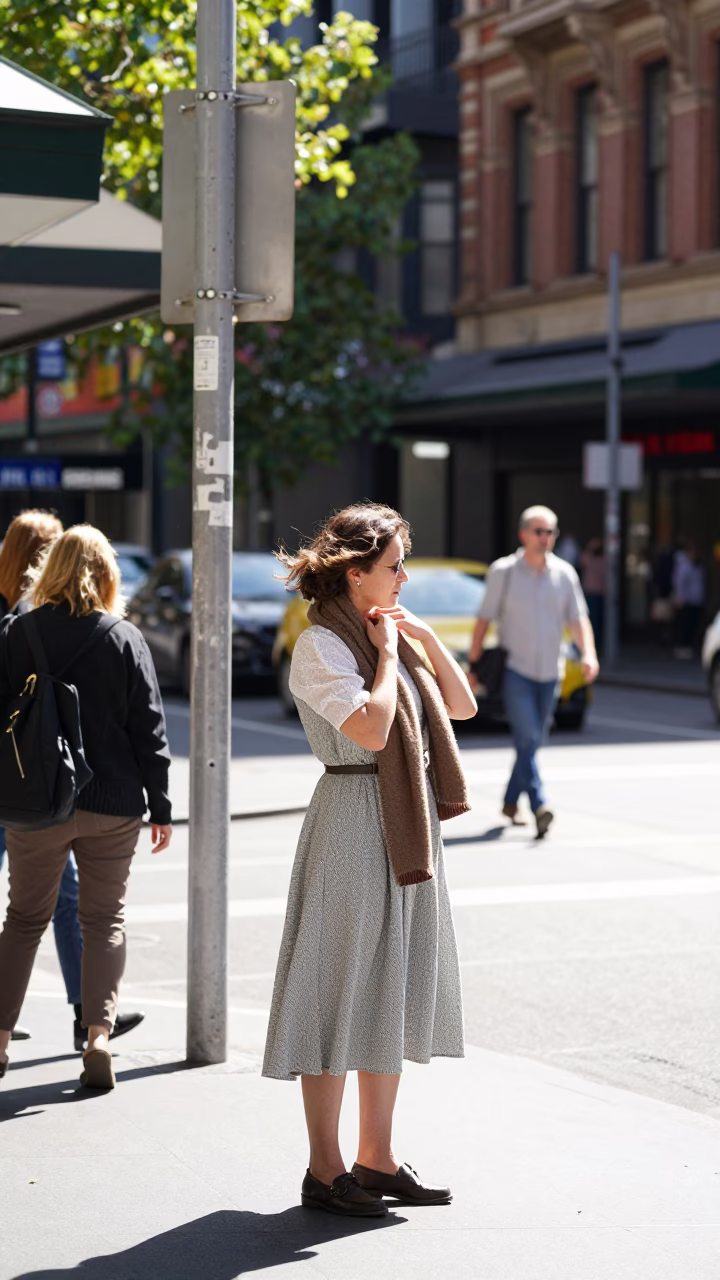 Busy Melbourne Street Corner in Bright Midmorning Light with Vintage 1950s Atmosphere in in Melbourne, Victoria, Australia
