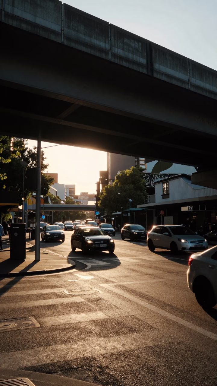 Busy Melbourne Street Corner Late Afternoon Light with Traffic Shadows and Local Dining in in Melbourne, Victoria, Australia
