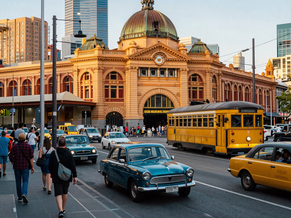 Busy Melbourne Street Corner Late Afternoon with Vintage Cars and Pedestrians in in Melbourne, Victoria, Australia