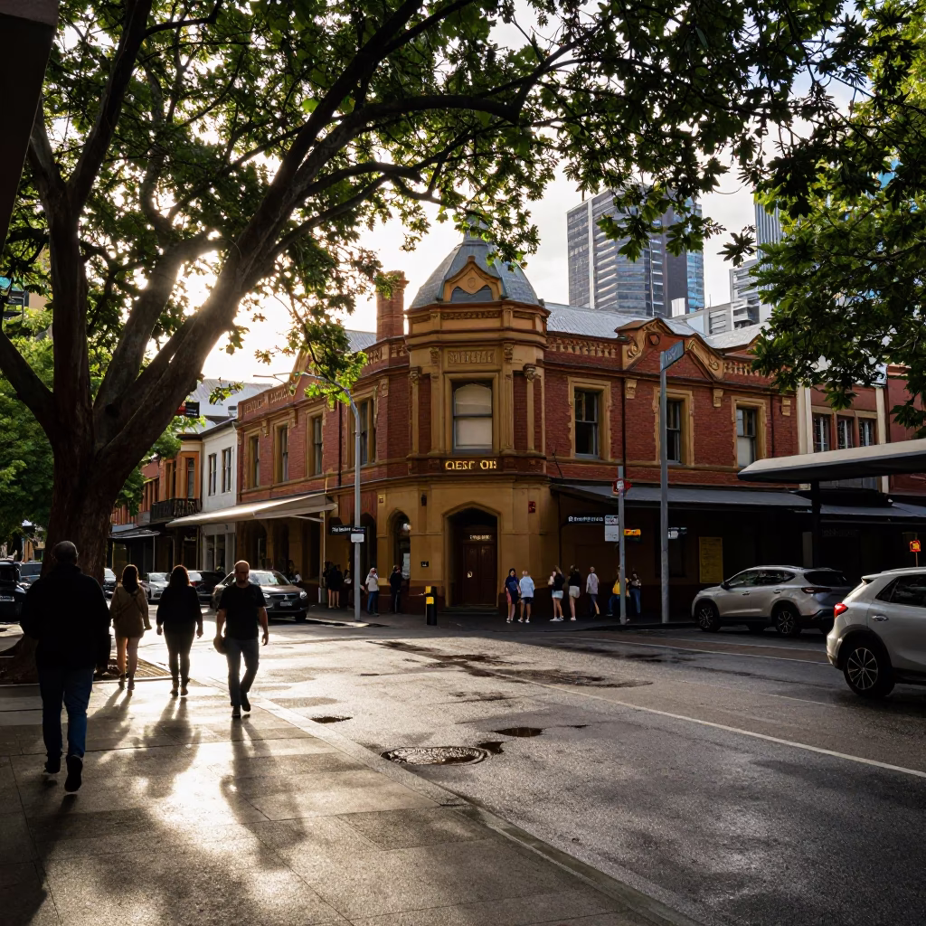 Busy Melbourne Street Corner Late Afternoon with Vintage University Archway and Wet Bicycle Rack in in Melbourne, Victoria, Australia