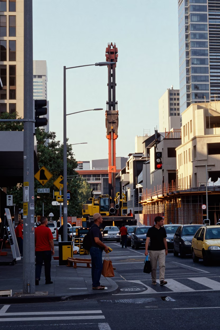 Busy Melbourne Street Corner with Construction Pile Driver and Vintage 1970s Traffic in in Melbourne, Victoria, Australia