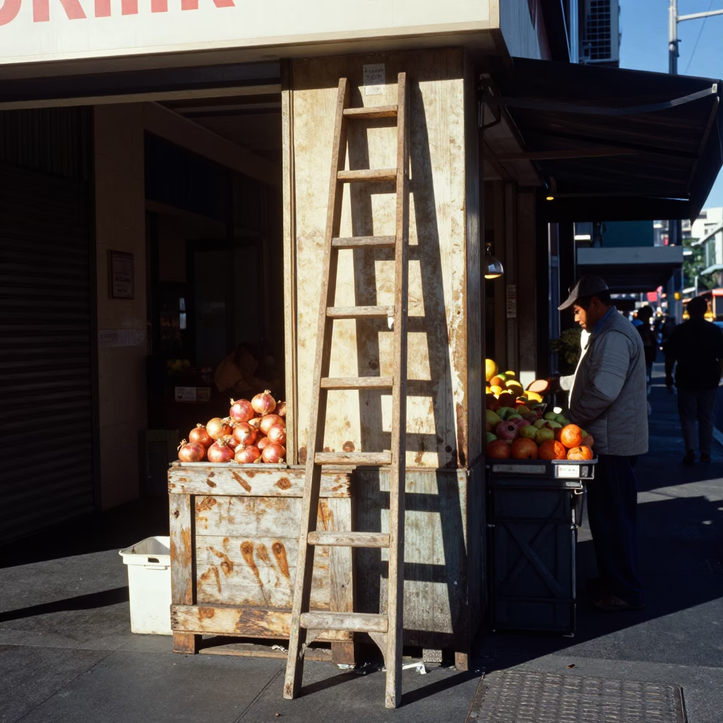 Busy Melbourne Street Corner with Onions and Wooden Ladder in Early Afternoon Light in in Melbourne, Victoria, Australia