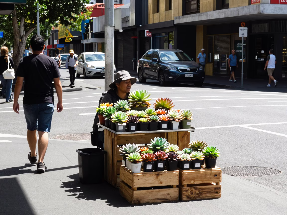 Busy Melbourne Street Corner with Potted Succulents Under Flat Noon Glare in in Melbourne, Victoria, Australia