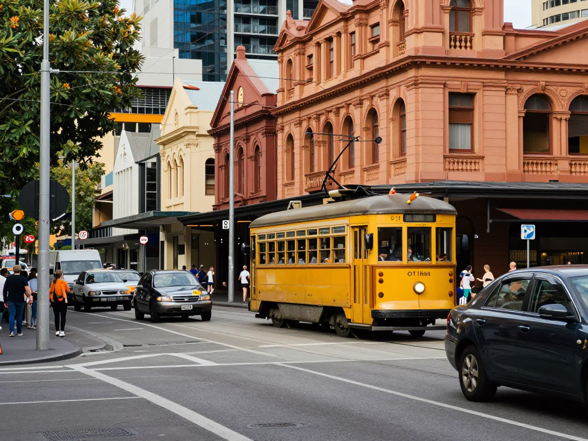 Busy Melbourne Street Corner with Vintage 1960s Cars and Tram Lines in Early Afternoon in in Melbourne, Victoria, Australia