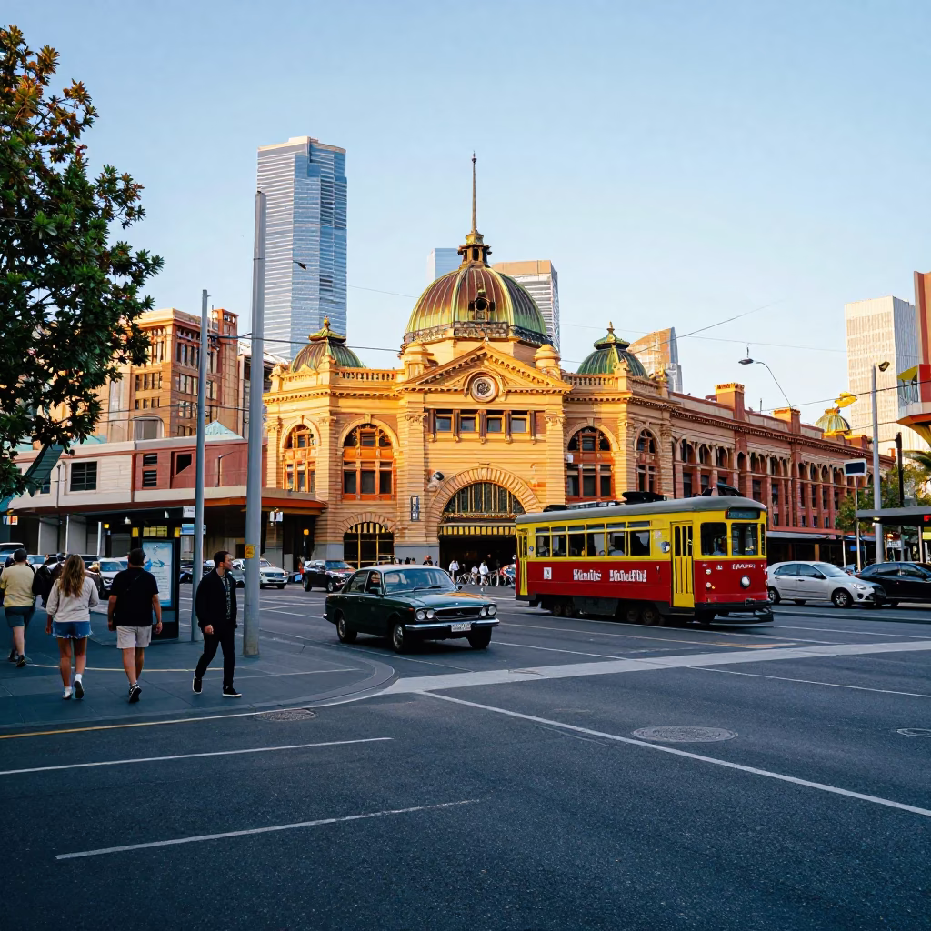 Busy Melbourne Street Corner with Vintage Car and Street Vendors at Dawn in in Melbourne, Victoria, Australia
