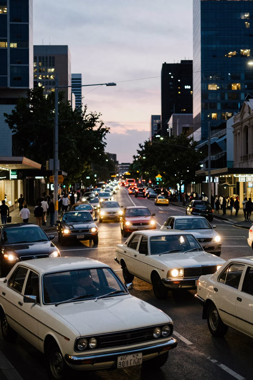 Busy Melbourne Street Scene at Dusk with Vintage Cars and City Lights in in Melbourne, Victoria, Australia