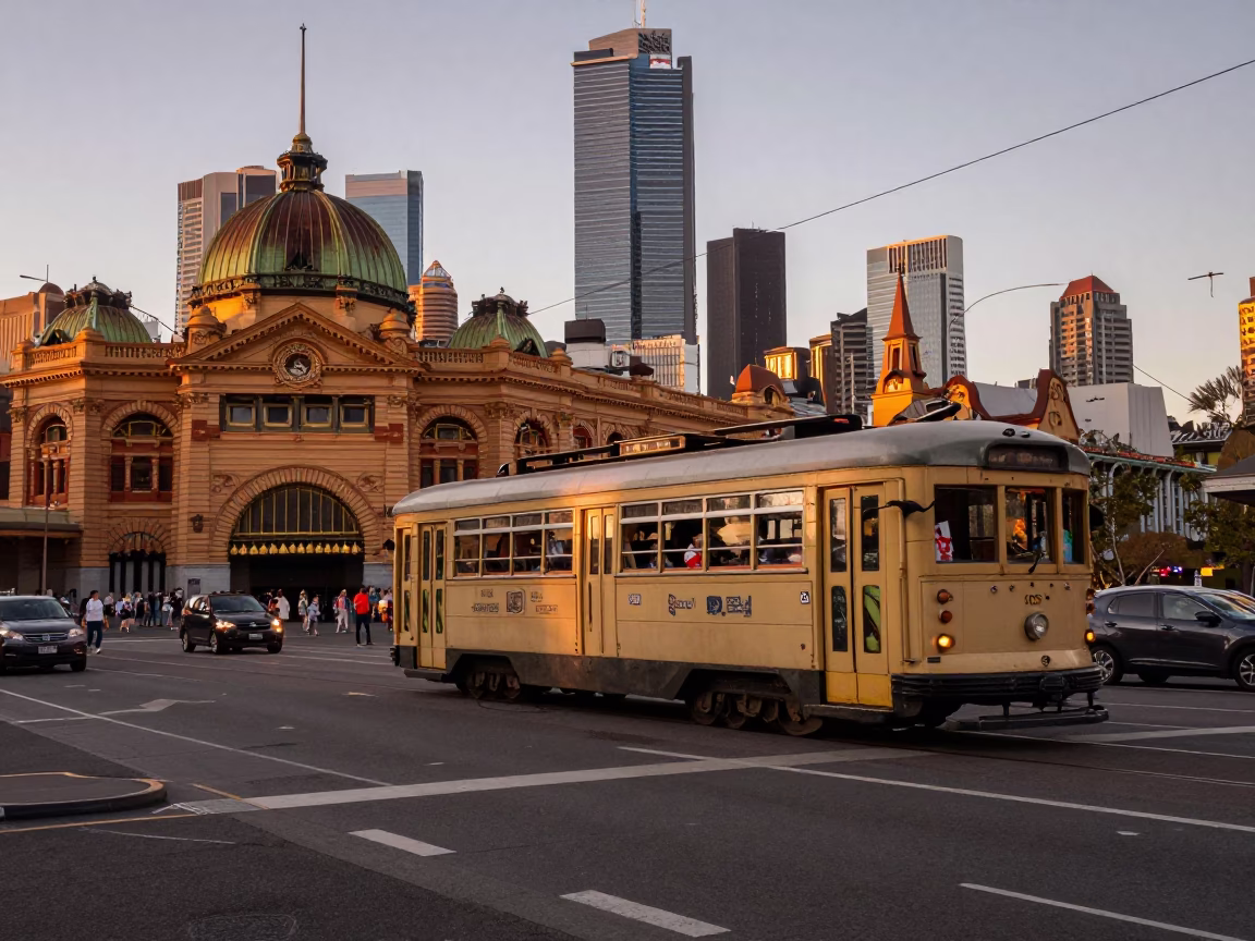 Busy Melbourne Street Scene at First Light Dawn with Vintage Tram and Local Commerce in in Melbourne, Victoria, Australia