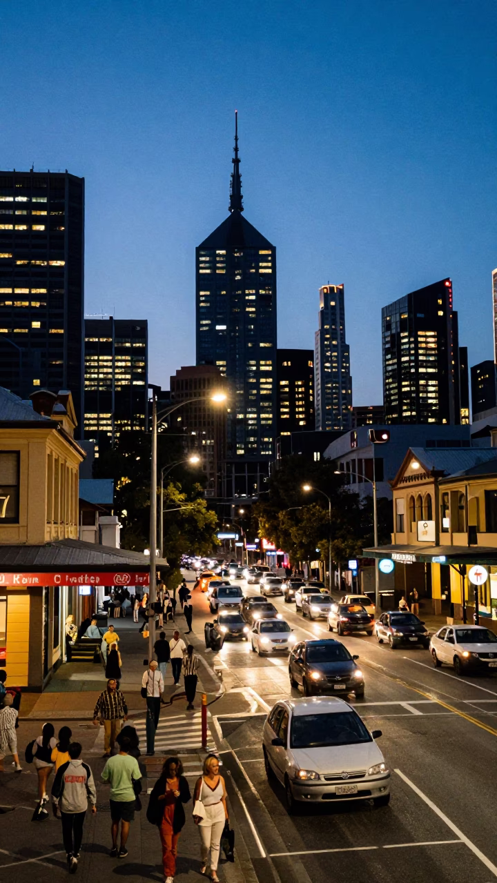 Busy Melbourne Street Scene at Nautical Dawn with Vintage 1970s Atmosphere in in Melbourne, Victoria, Australia