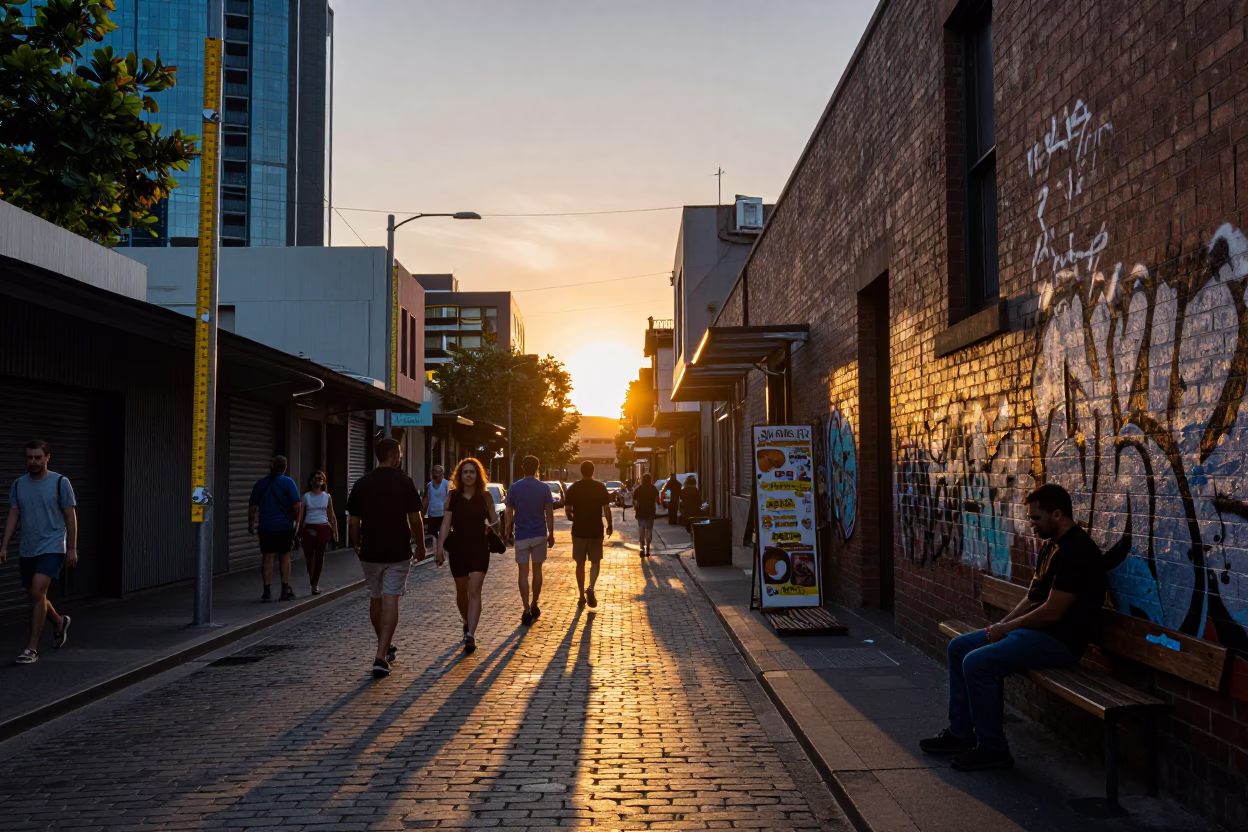 Busy Melbourne Street Scene at Sunset with Folding Ruler and Urban Details in in Melbourne, Victoria, Australia