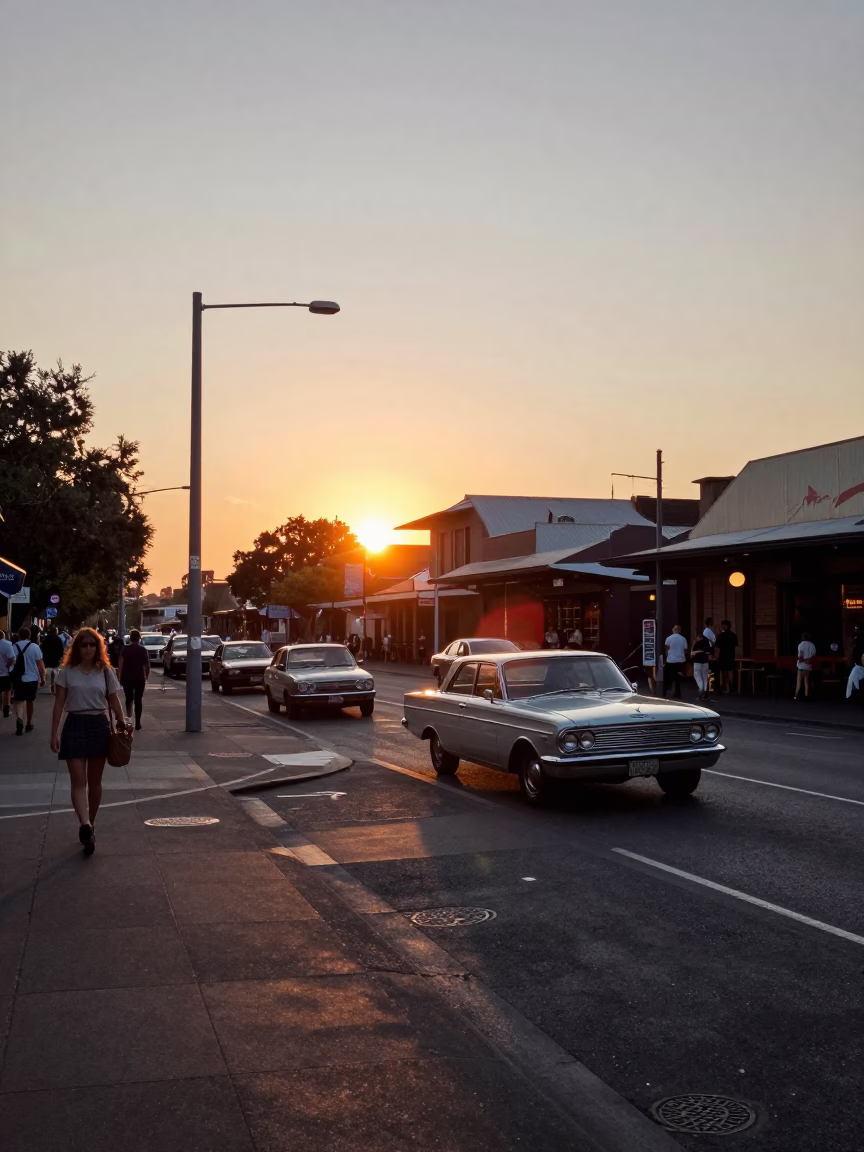 Busy Melbourne Street Scene at Sunset with Vintage Car and Coffee Tin in in Melbourne, Victoria, Australia