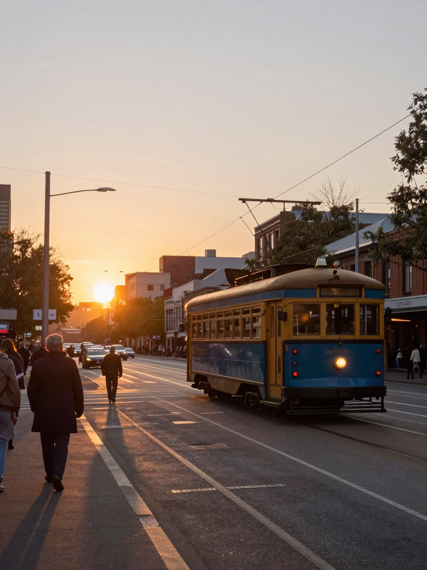 Busy Melbourne Street Scene at Sunset with Vintage Tram and Pedestrians in in Melbourne, Victoria, Australia