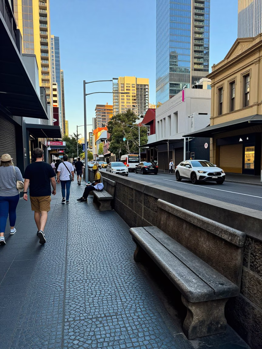 Busy Melbourne Street Scene in Late Afternoon Light with Stone Bench and Urban Details in in Melbourne, Victoria, Australia