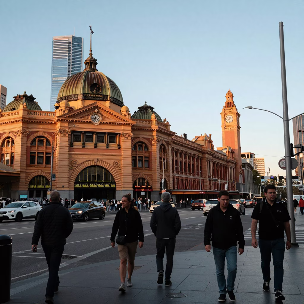 Busy Melbourne Street Scene Late Afternoon with Pedestrians and Urban Infrastructure in in Melbourne, Victoria, Australia