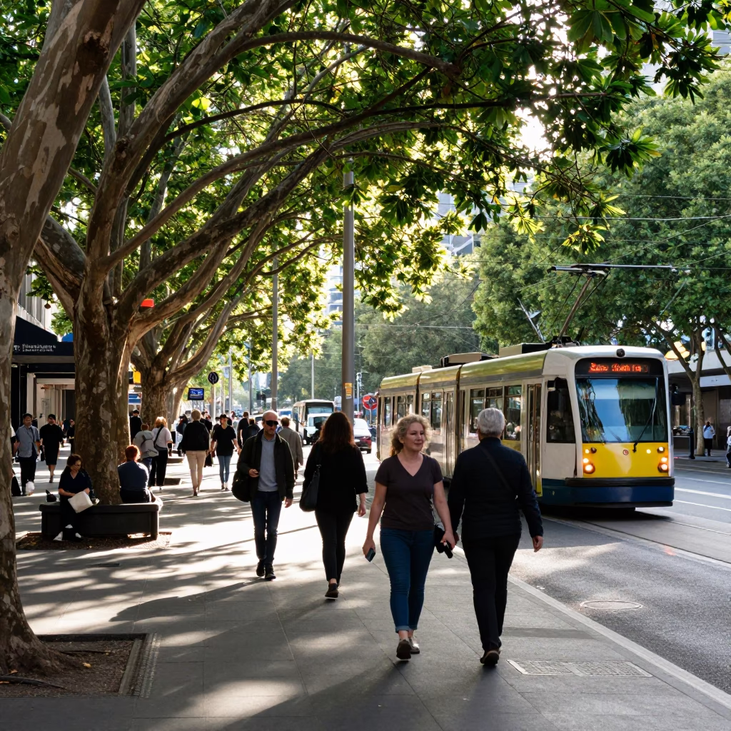 Busy Melbourne Street Scene Late Morning with Tram and Pedestrians in in Melbourne, Victoria, Australia