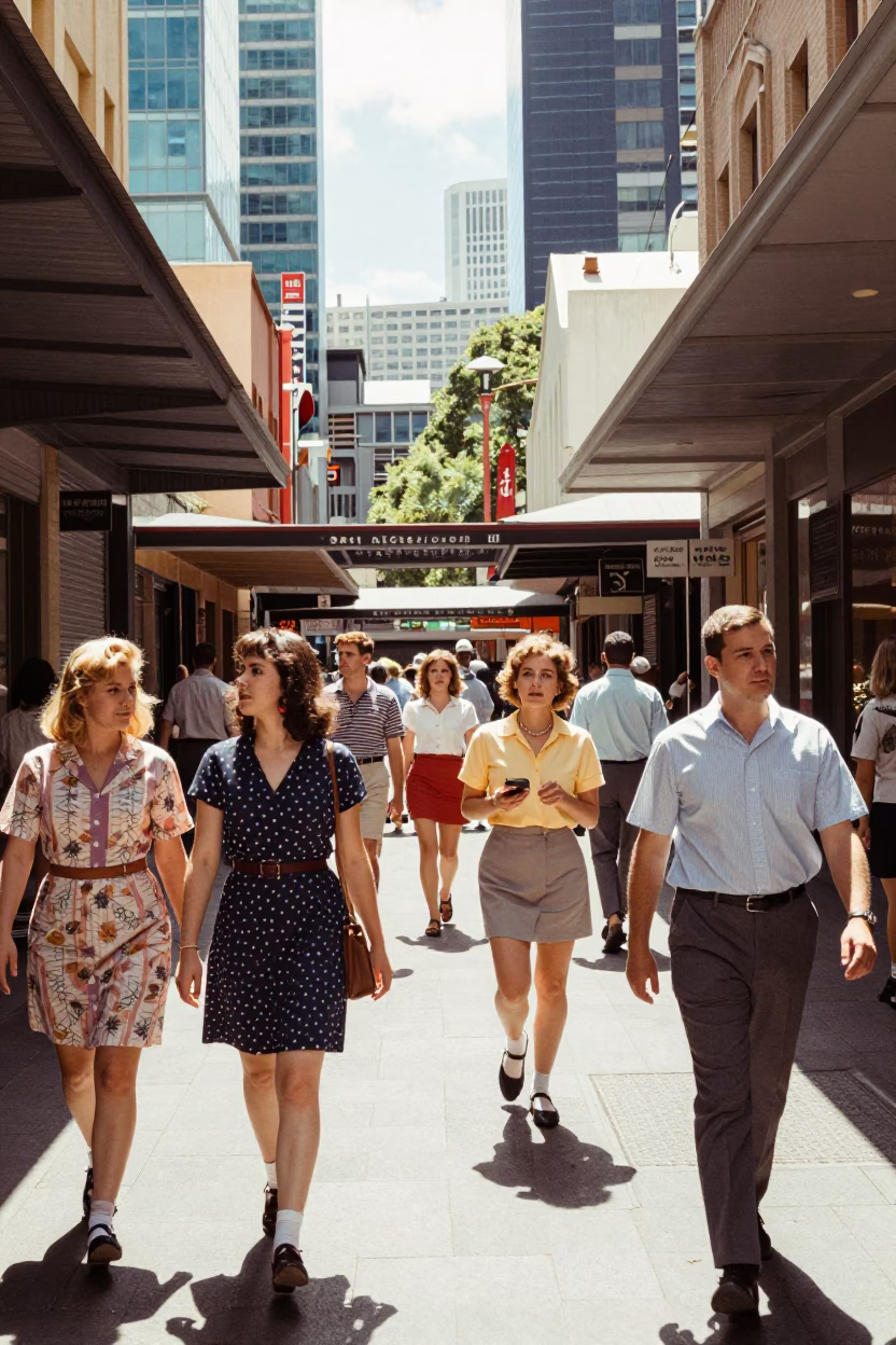 Busy Melbourne Street Scene Midday with Vintage 1960s Aesthetic and Local Details in in Melbourne, Victoria, Australia