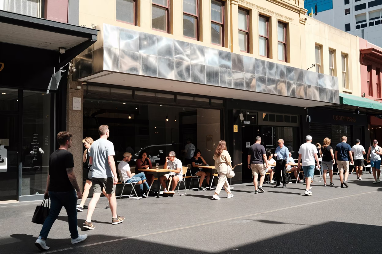 Busy Melbourne Street Scene Under Noon Sun With Vintage Cars And Pedestrians in in Melbourne, Victoria, Australia