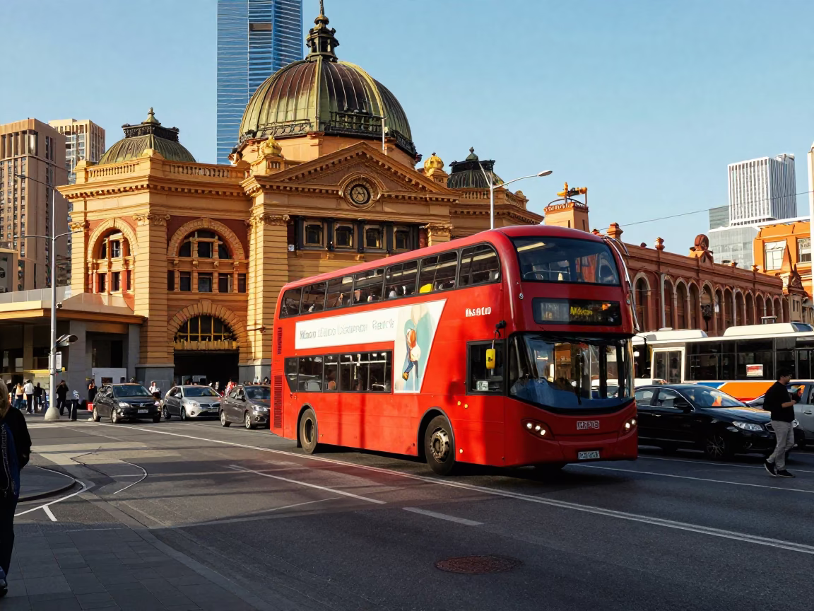 Busy Melbourne Street Scene with Double Decker Bus and Local Shops in in Melbourne, Victoria, Australia