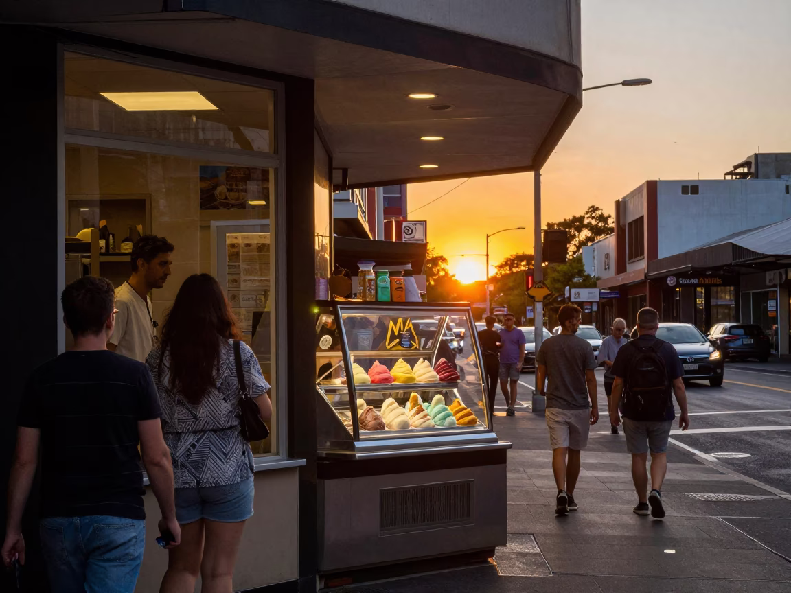 Busy Melbourne Street Scene with Gelato Display at Sunset in Victoria Australia in in Melbourne, Victoria, Australia