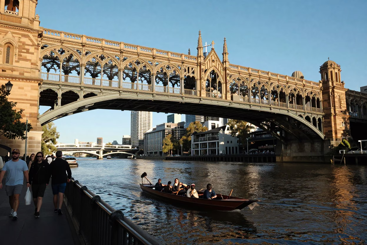 Busy Melbourne Street Scene with Punt Under Gothic Bridge in Late Afternoon Light in in Melbourne, Victoria, Australia