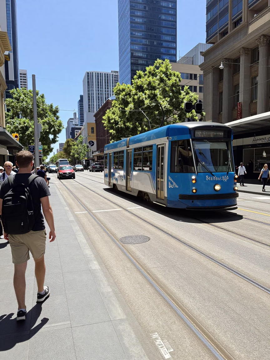 Busy Melbourne Street Scene with Tram and Pedestrians in Bright Midmorning Light in in Melbourne, Victoria, Australia