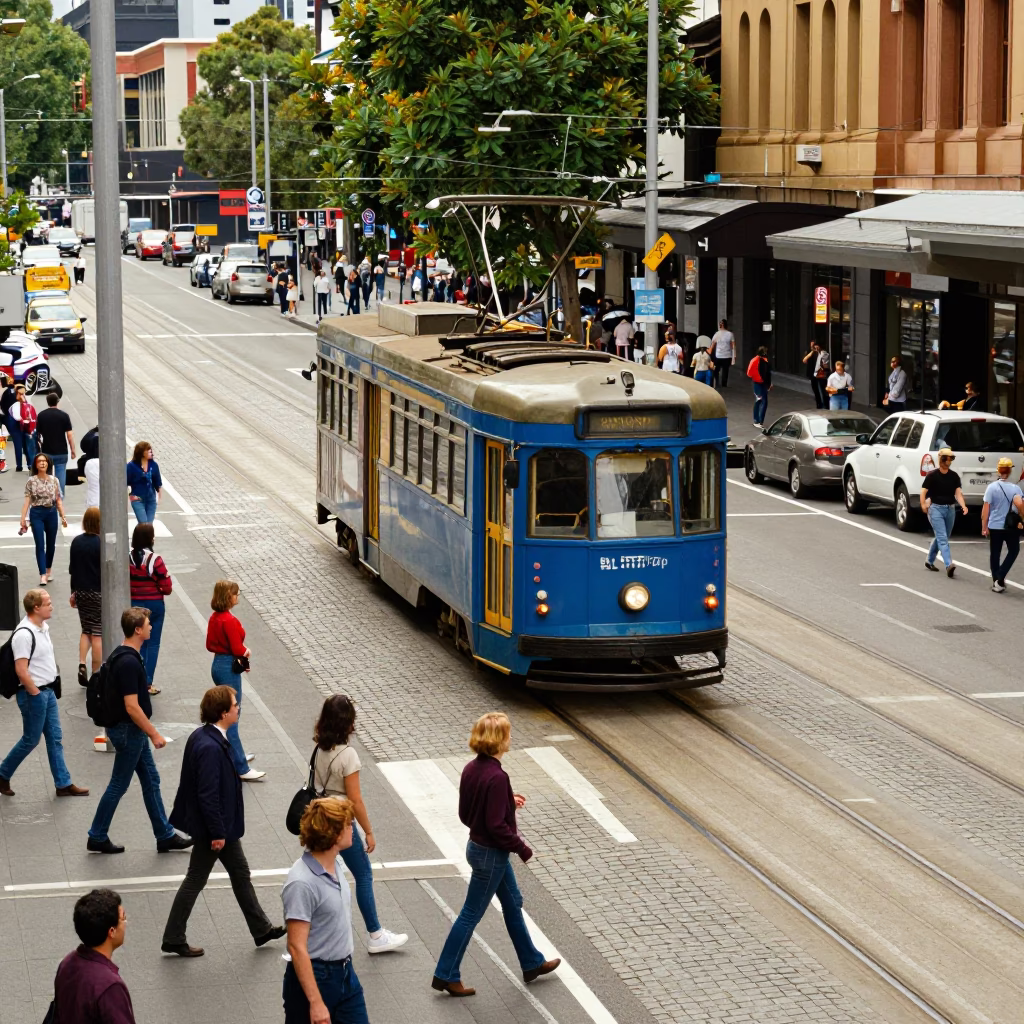 Busy Melbourne Street Scene with Tram and Pedestrians in Early Afternoon Light in in Melbourne, Victoria, Australia