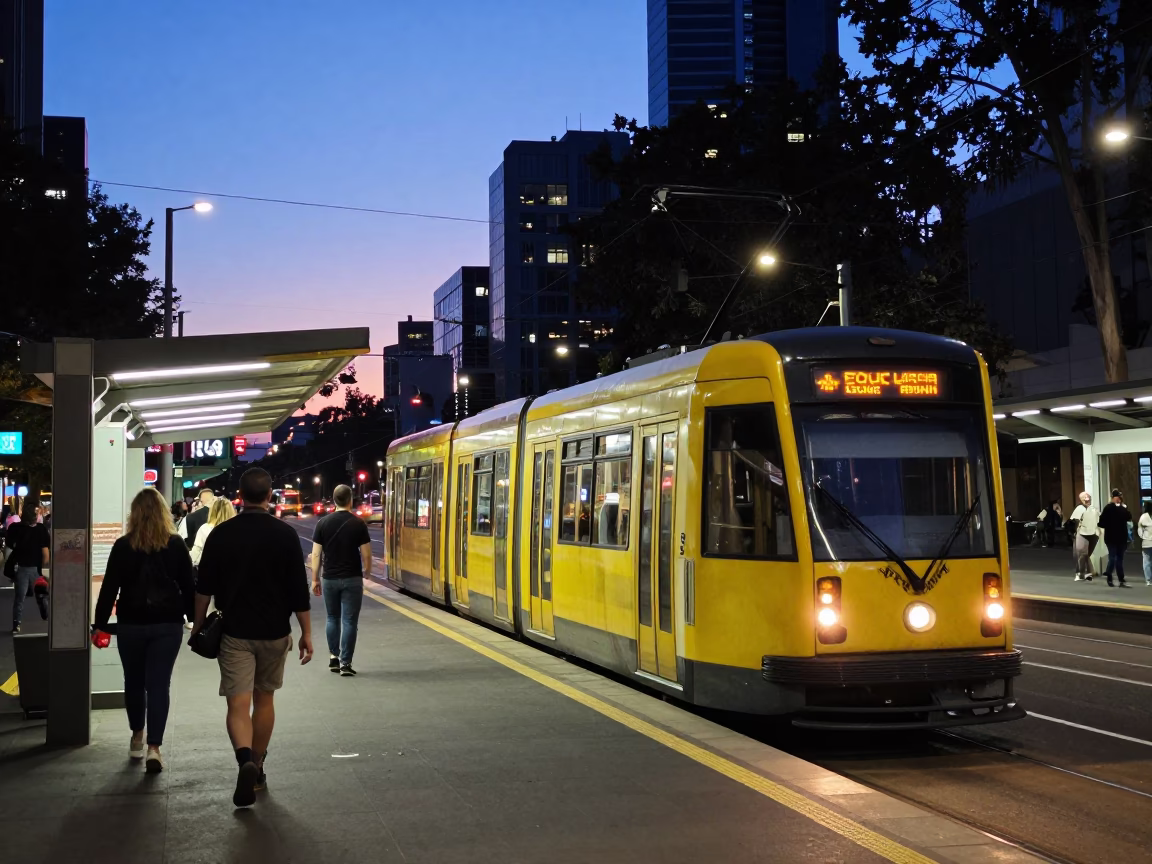 Busy Melbourne Tram Platform at Twilight with Commuter Train and Bicycle Basket in in Melbourne, Victoria, Australia