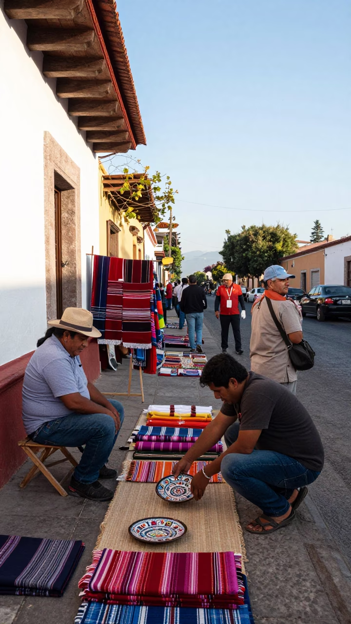 Busy Merida Mexico Afternoon Street Scene with Local Crafts and Market Activity in in Merida, Mexico