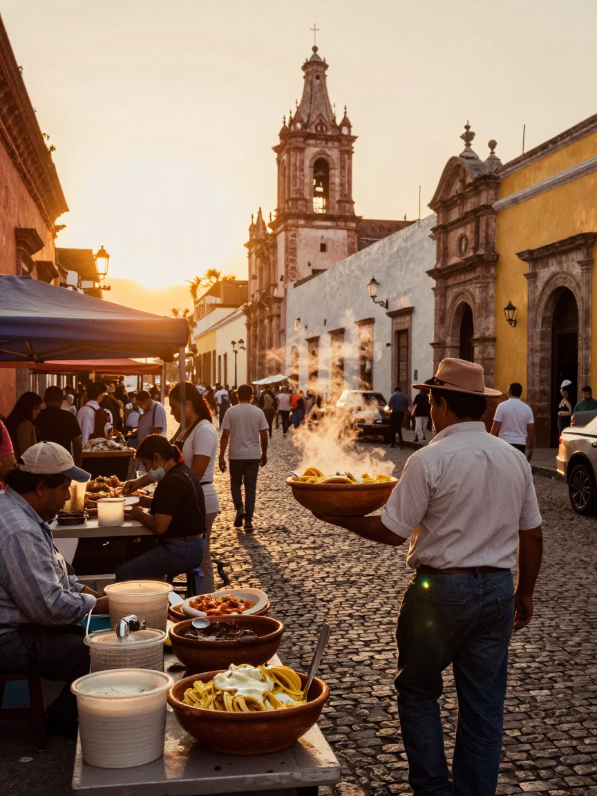 Busy Merida Mexico Evening Street Scene with Local Food and Architecture in in Merida, Mexico