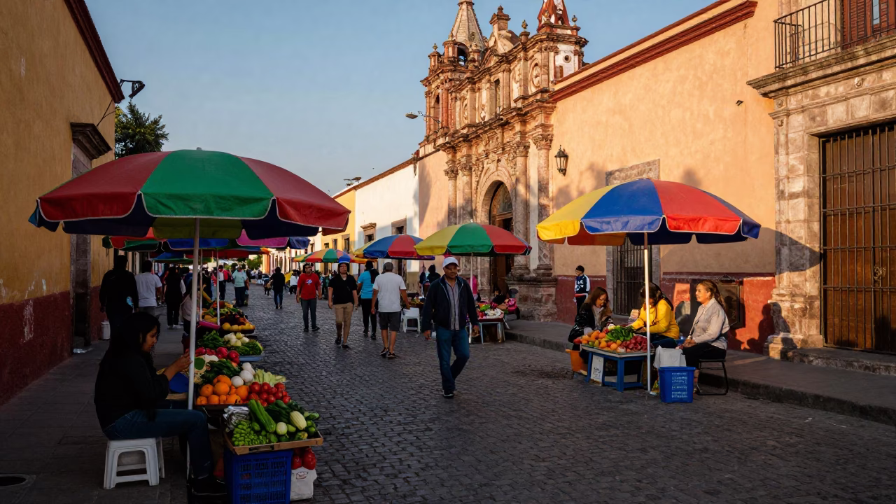 Busy Merida Mexico Late Afternoon Street Scene with Colorful Umbrellas and Local Life in in Merida, Mexico