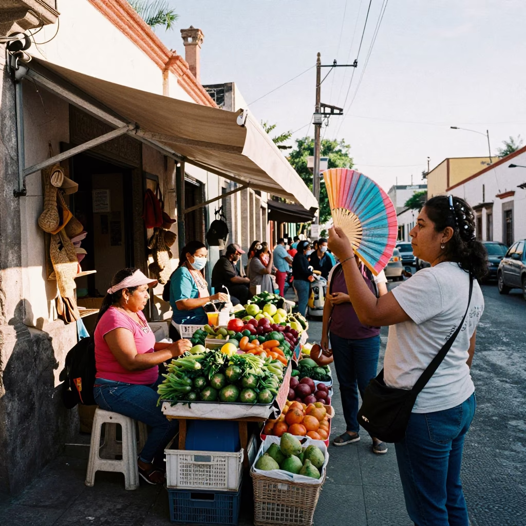 Busy Merida Mexico Late Morning Street Scene with Folding Fan and Rust in in Merida, Mexico