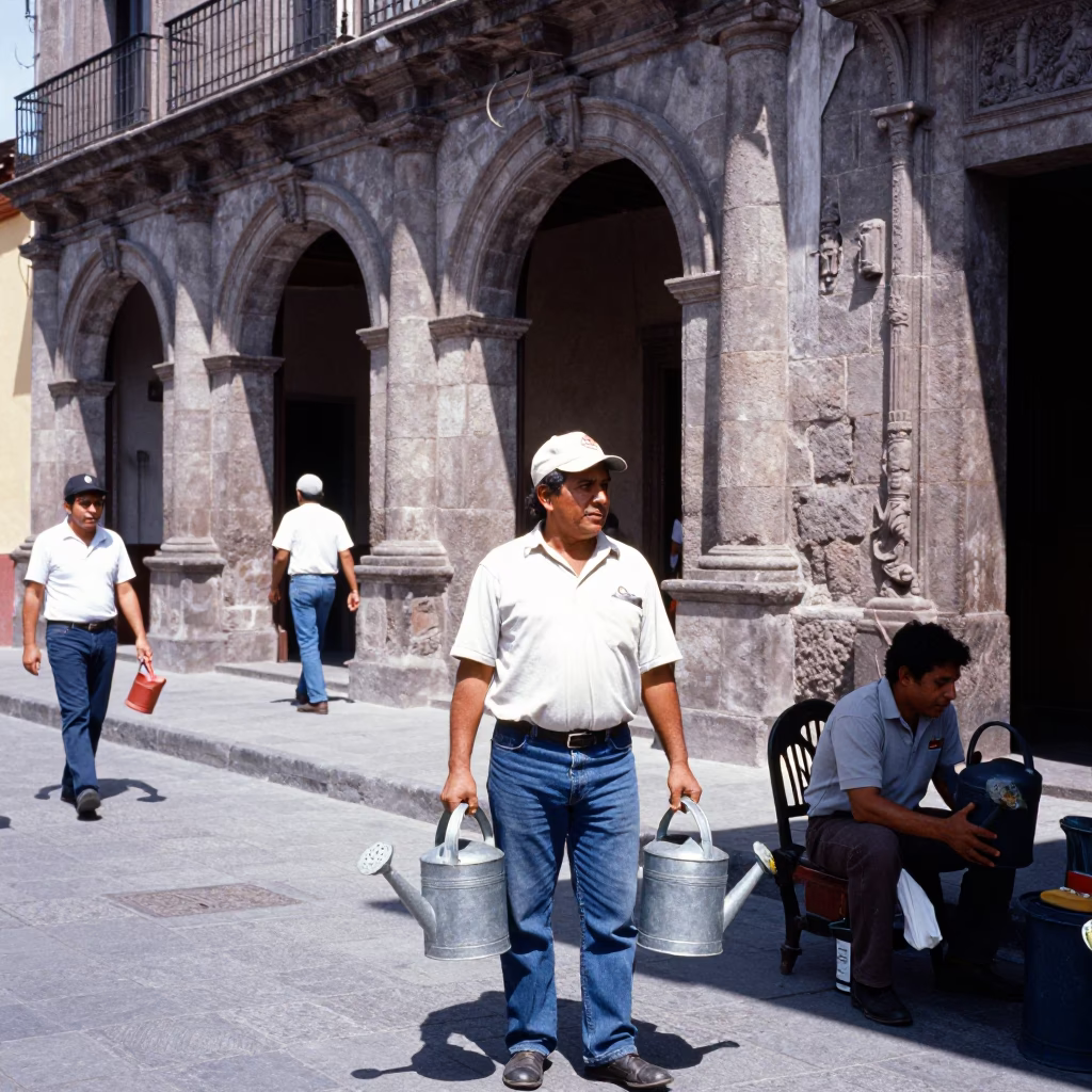 Busy Merida Mexico Midday Street Scene with Watering Cans and Zinnias in in Merida, Mexico
