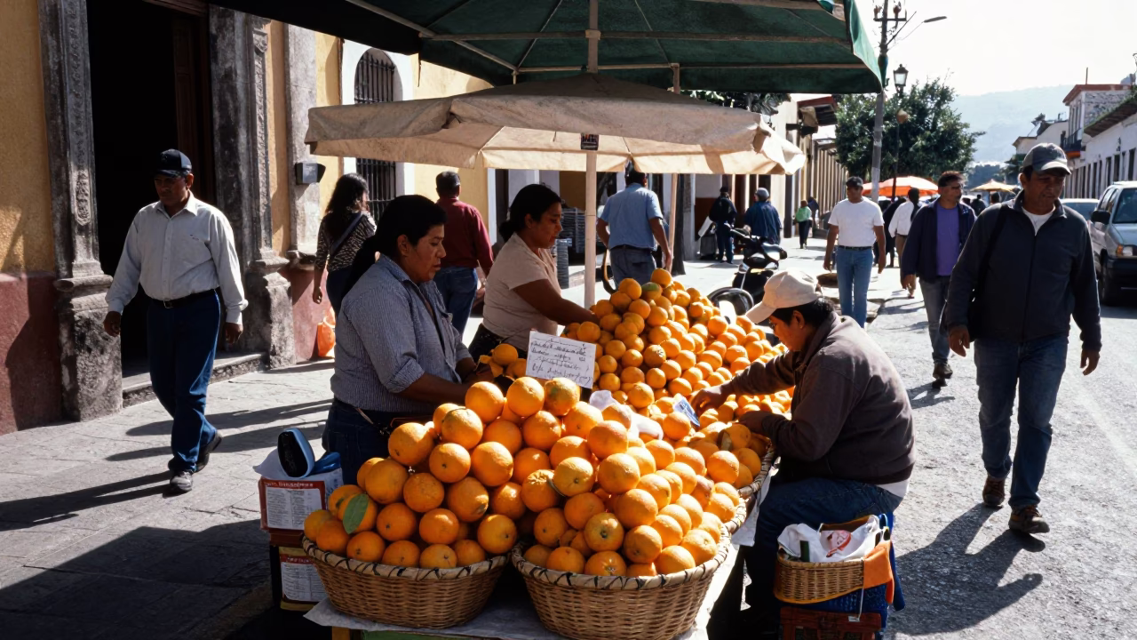 Busy Merida Mexico Midmorning Street Scene with Oranges and Local Market Activity in in Merida, Mexico