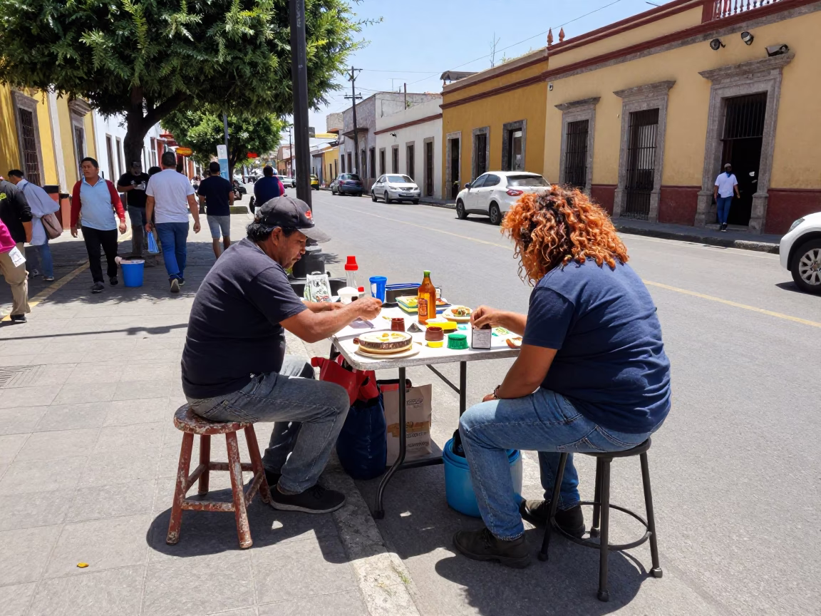 Busy Merida Mexico Noon Street Scene with Work Stool and Tool Caddy in in Merida, Mexico